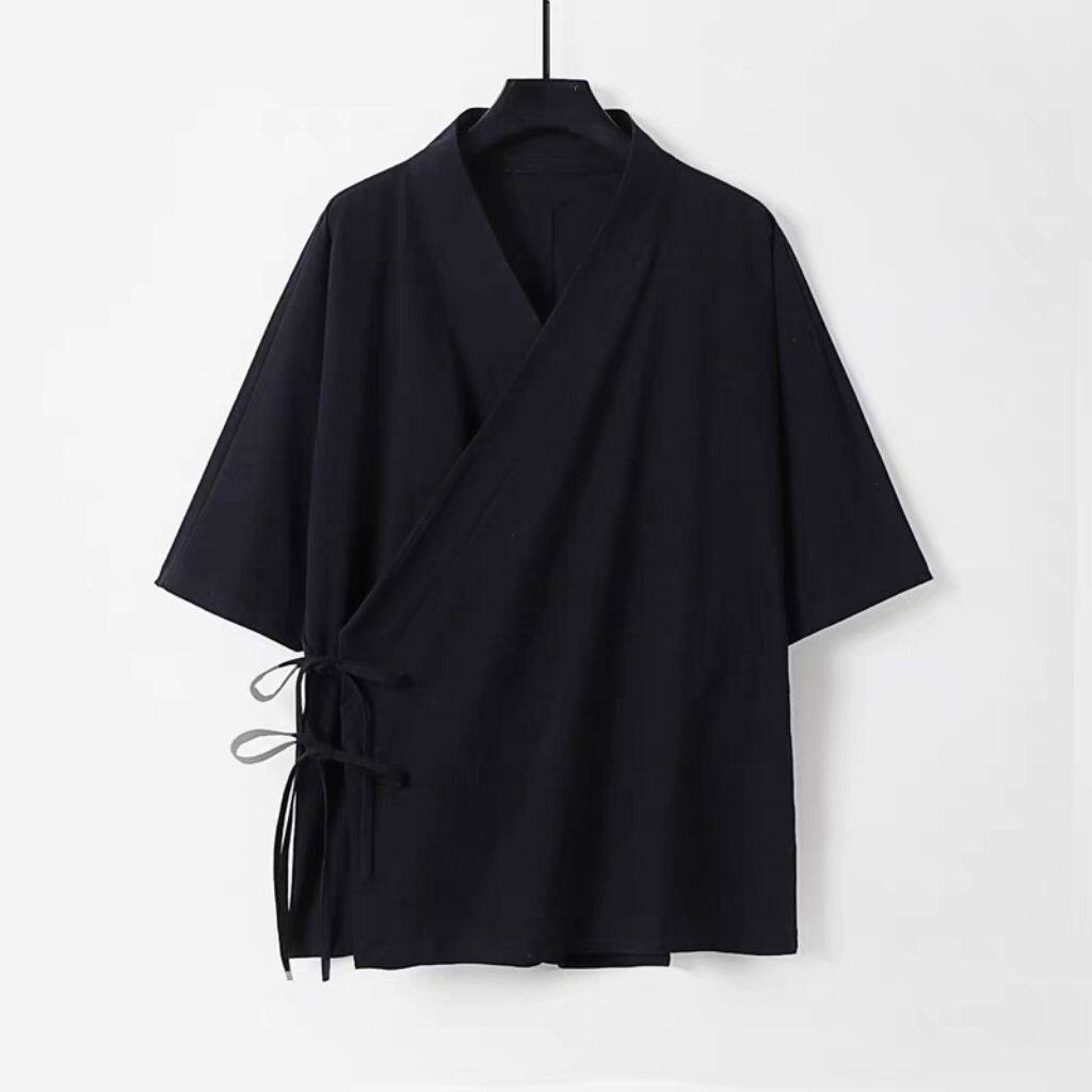 新中式交领系带短袖T恤男女大码汉服茶服太极练功短袖禅修服上衣