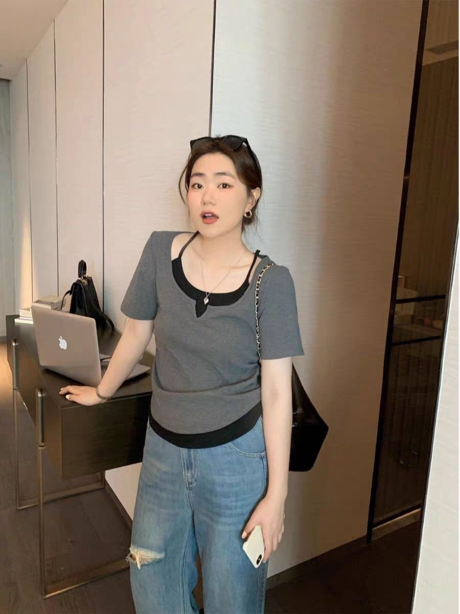 大码300斤正肩辣妹小众女夏季短袖上衣胖mm显瘦假两件美式复古t恤