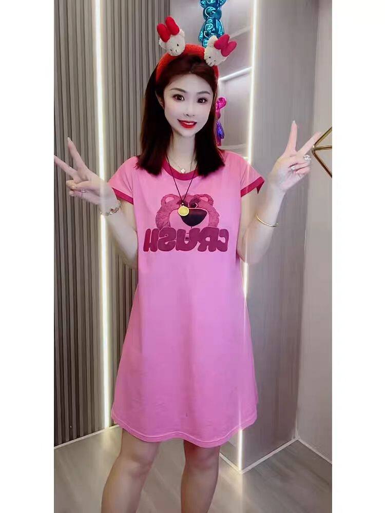 夏季网红冰丝短袖睡裙韩版中长款睡衣休闲草莓熊家居服大码300斤