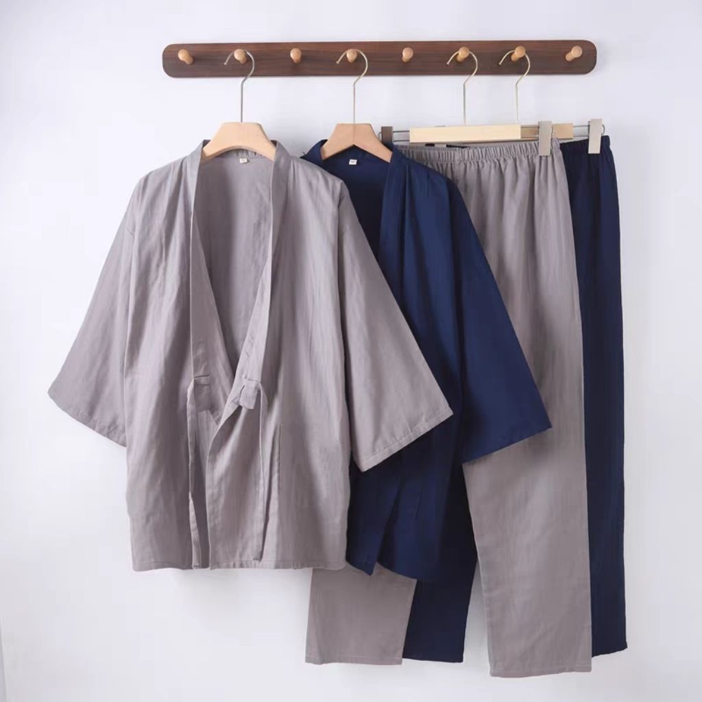 日式和服汗蒸服睡衣男女春夏薄款短袖开衫系带长裤家居服套装大码