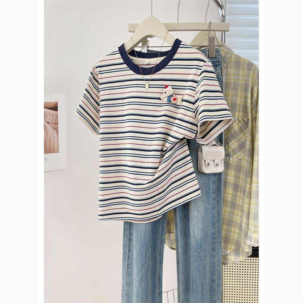 大码300斤小清新条纹T恤衫2026夏季新款胖MM学院风减龄百搭上衣女