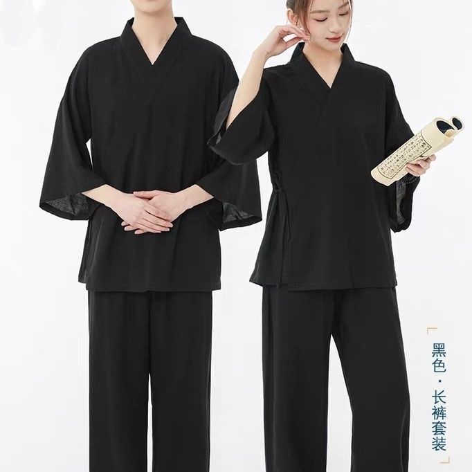 交领汉服系带七分袖长裤套装复古新中式拜佛打坐男女通用古风大码