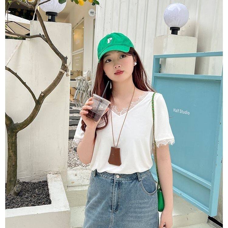 大码300斤夏季女装新款宽松休闲蕾丝V领显瘦拼接短袖百搭上衣T恤