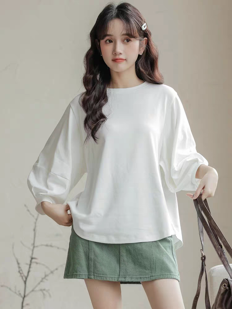 小清新灯笼袖白色t恤女春秋季2025新款简约休闲百搭上衣大码300斤