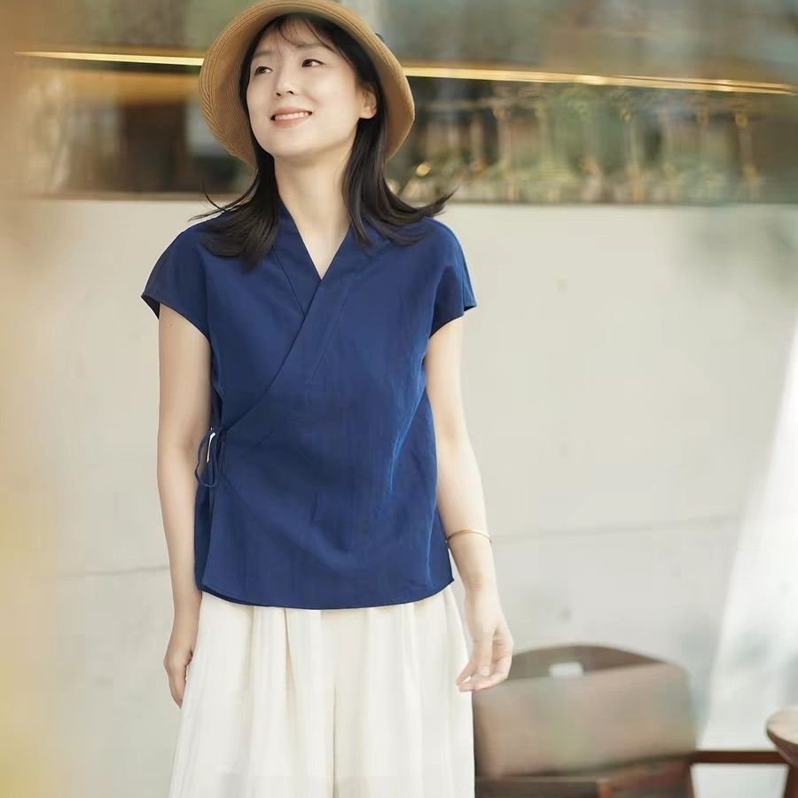 新中式国风交领系带上衣女夏季休闲显瘦小飞袖大码300斤古风茶服