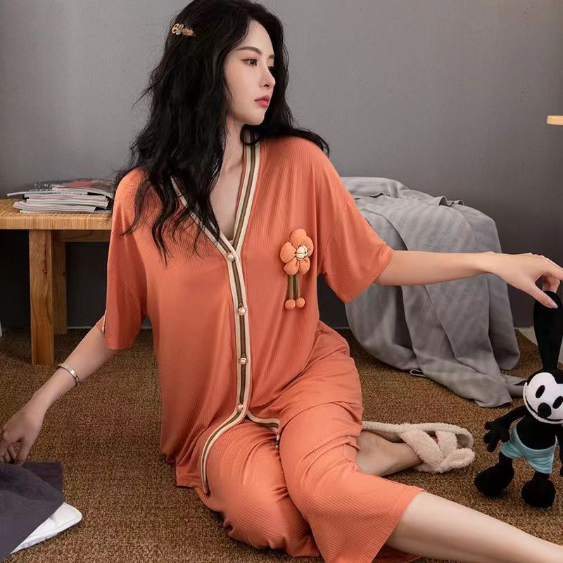 大码300斤睡衣夏季冰丝开衫短袖七分裤两件套装和服可外穿家居服