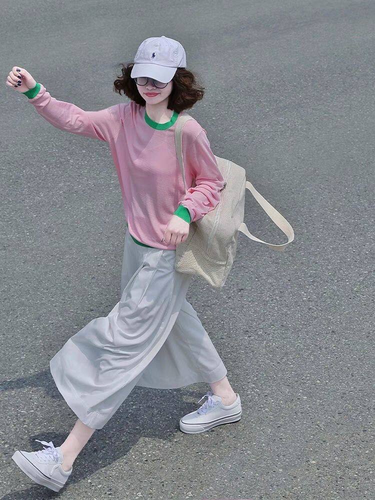 夏季韩系洋气减龄独特别致漂亮上衣时尚百搭粉色长袖T恤大码300斤