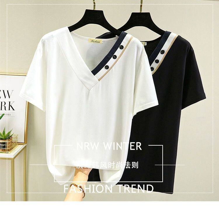 大码女装300斤夏季韩版上衣宽松显瘦V领胖MM拼色纽扣短袖T恤百搭