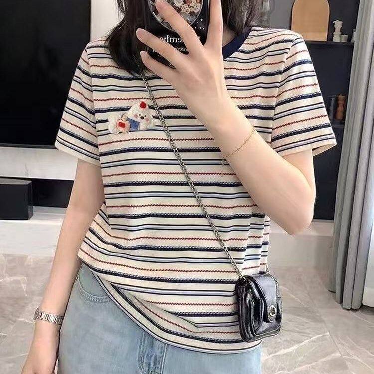 大码女装2026夏季新款胖mm显瘦遮肚时尚条纹短袖t恤宽松休闲上衣