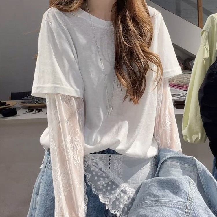 大码300斤蕾丝拼接假两件长袖t恤女2026春夏新款韩系防晒罩衫上衣