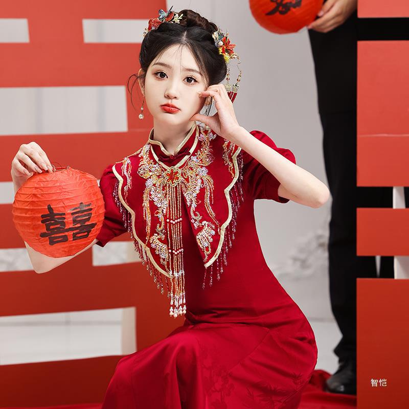 敬酒服新娘旗袍中式新款中长款秀禾服结婚礼服2024夏季感嫁衣氨纶