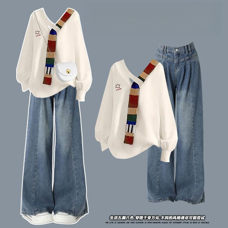 大码秋冬女装韩版设计感拼接长袖上衣搭高腰显瘦牛仔裤两件套胖mm