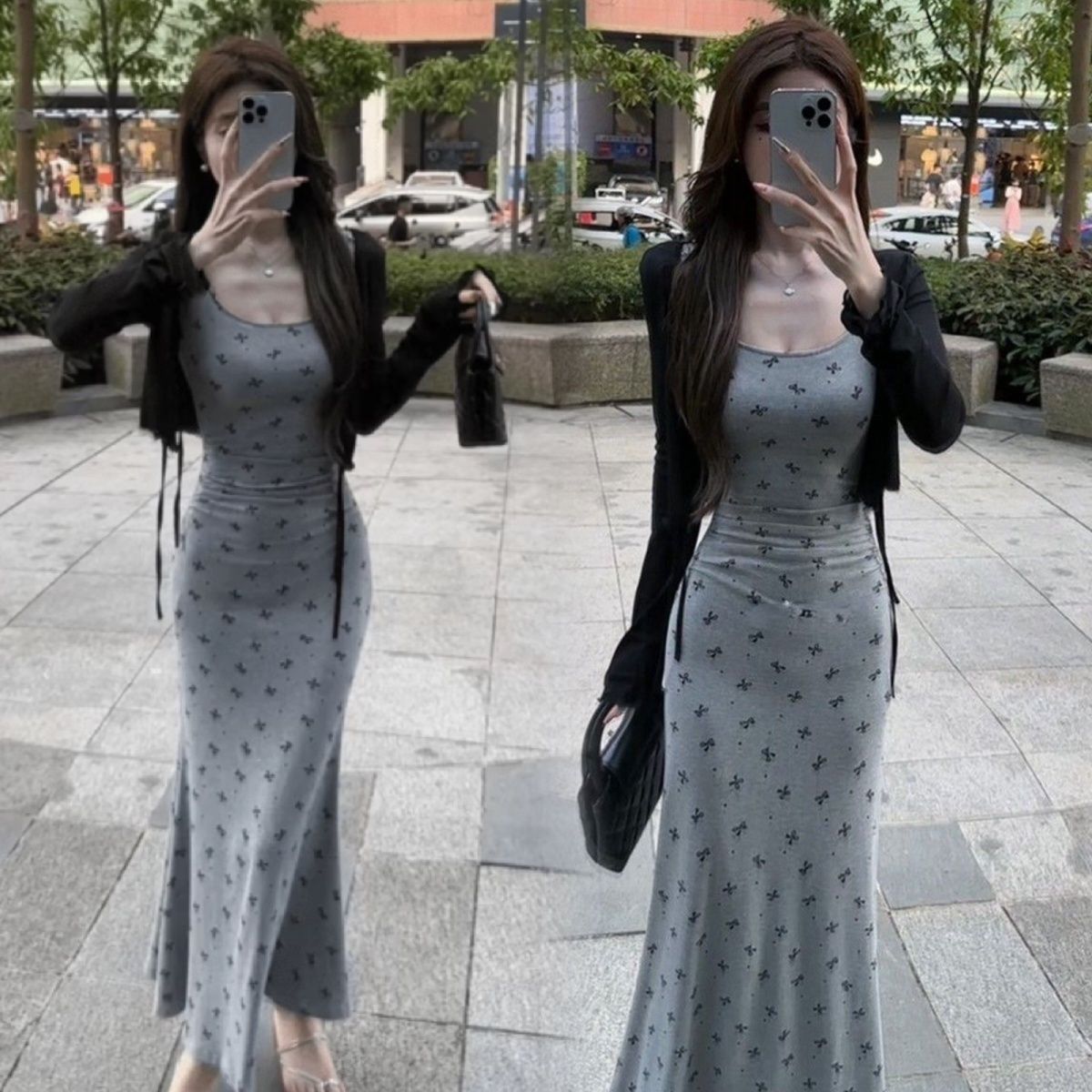 纯欲风针织防晒开衫吊带连衣裙套装女夏季新款高级感显瘦鱼尾长裙