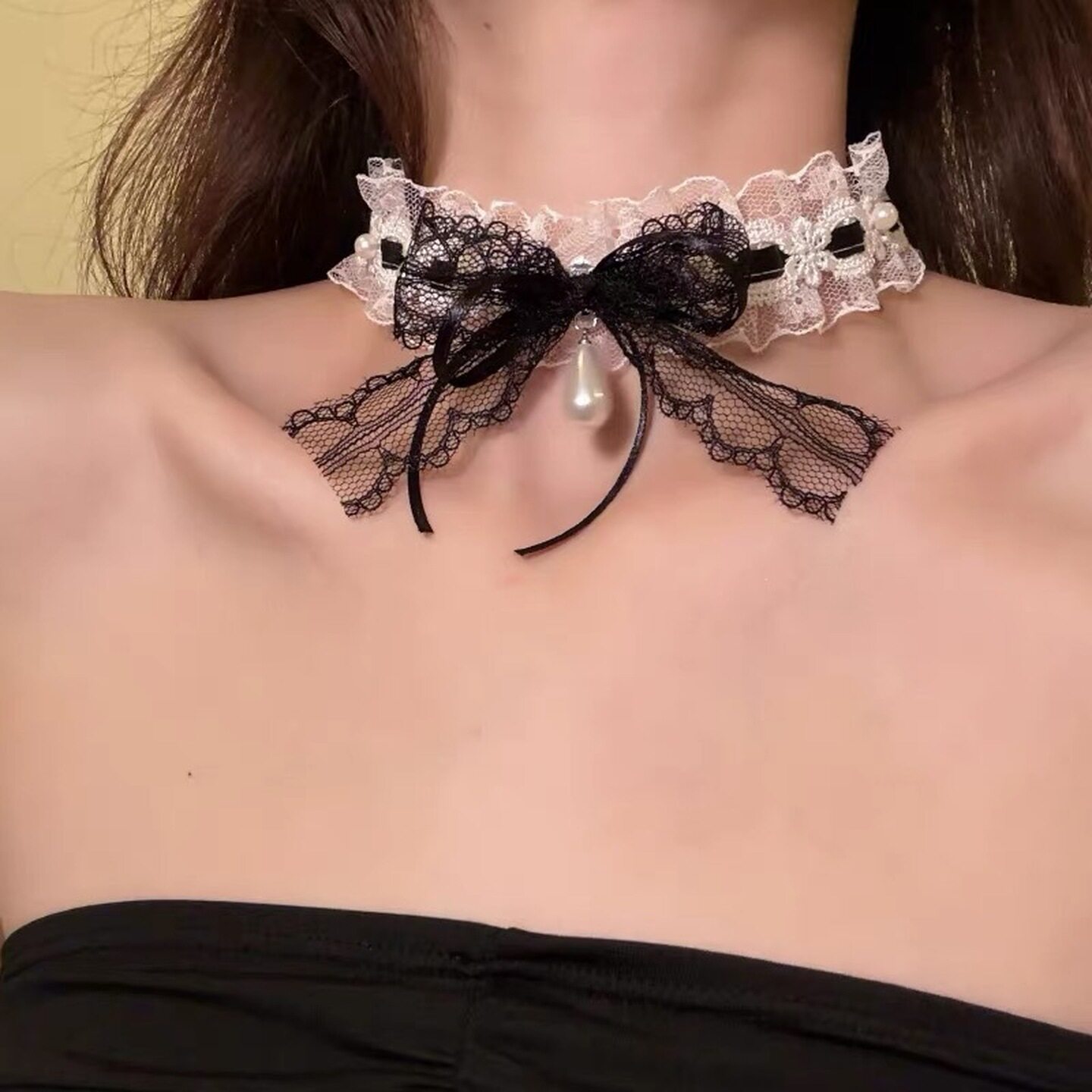 蕾丝锁骨链甜美纯欲风黑色蝴蝶结蕾丝choker高级感项链女锁骨链