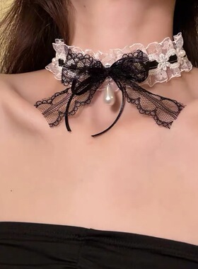 蕾丝锁骨链甜美纯欲风黑色蝴蝶结蕾丝choker高级感项链女锁骨链