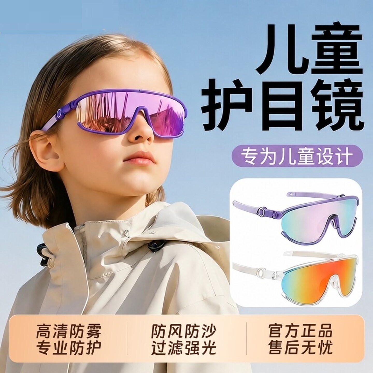 儿童专用墨镜户外登山骑行运动滑雪防风沙护目镜防紫外线小孩防滑