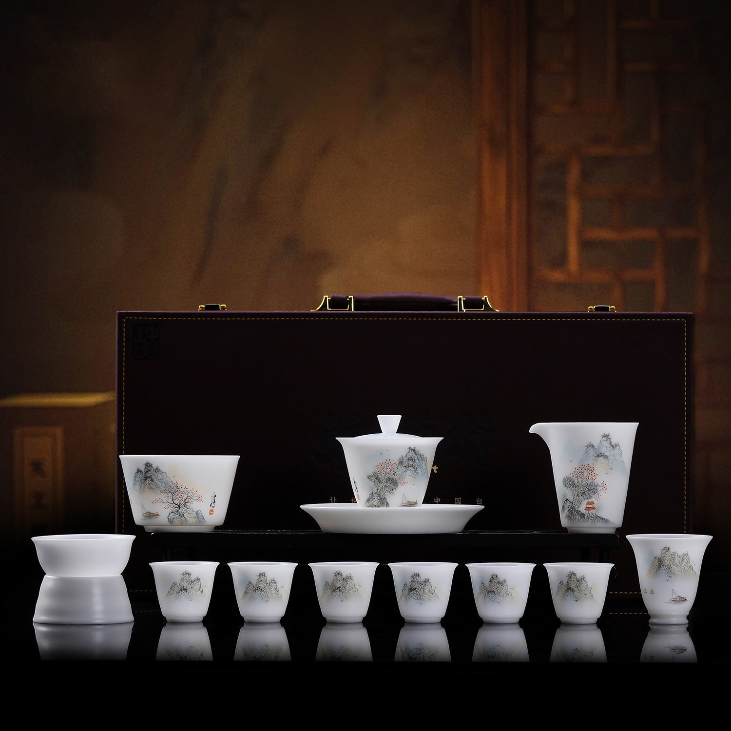曾逸腾大师手绘泛舟冰种羊脂玉功夫茶具家用轻奢高档陶瓷伴手礼品