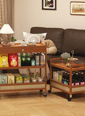 中古风小推车非实木移动可推拉家用复古茶几客厅沙发边几置物架子