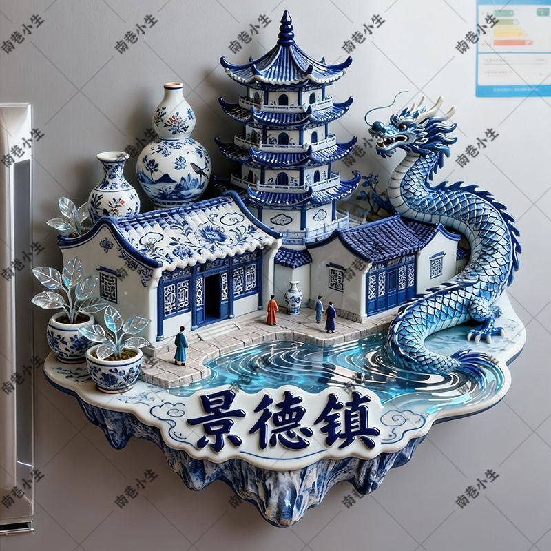 【景德镇】陶瓷之乡瓷器名都金属浮雕磁吸冰箱贴创意建筑礼物礼品