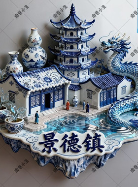 【景德镇】陶瓷之乡瓷器名都金属浮雕磁吸冰箱贴创意建筑礼物礼品