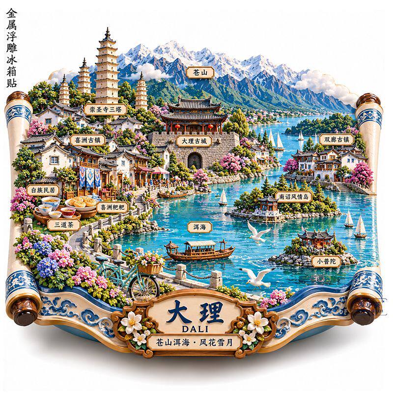 大理山水画卷金属立体浮雕冰箱贴个性古城旅游景区装饰纪念品磁吸