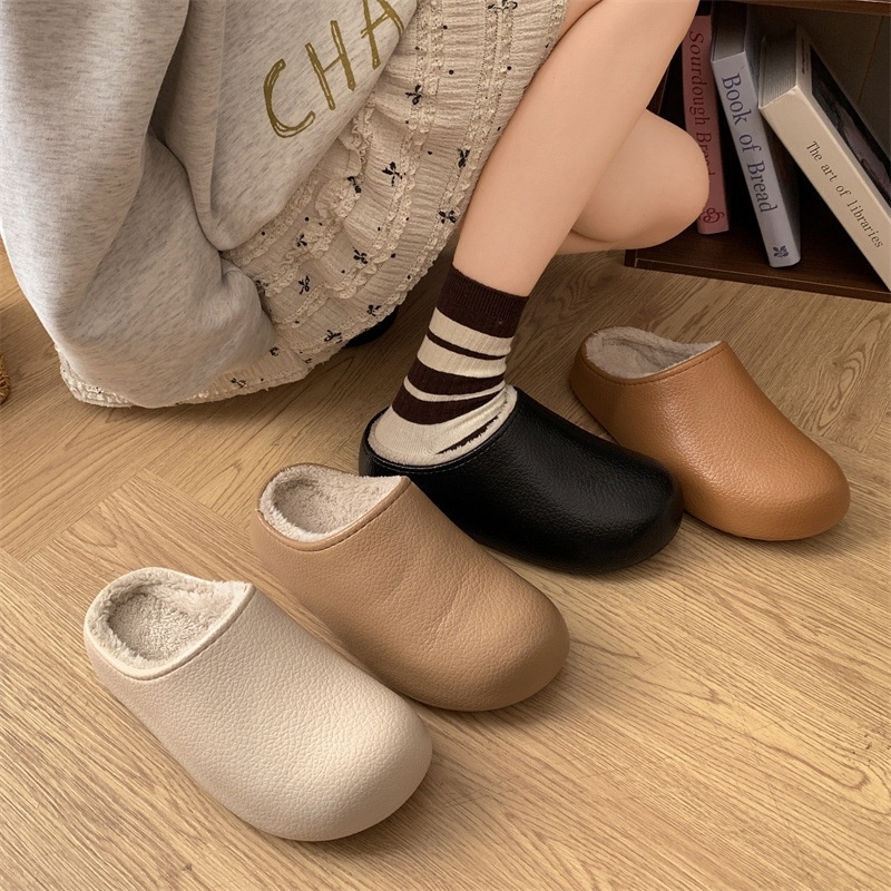 勃肯鞋秋季半拖鞋2025冬季新款女士pu防水皮面棉拖加绒保暖包头拖