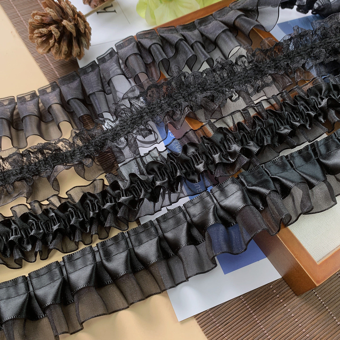 高档装饰带黑色欧根纱木耳蕾丝花边服装辅料丝带下摆布料diy材料