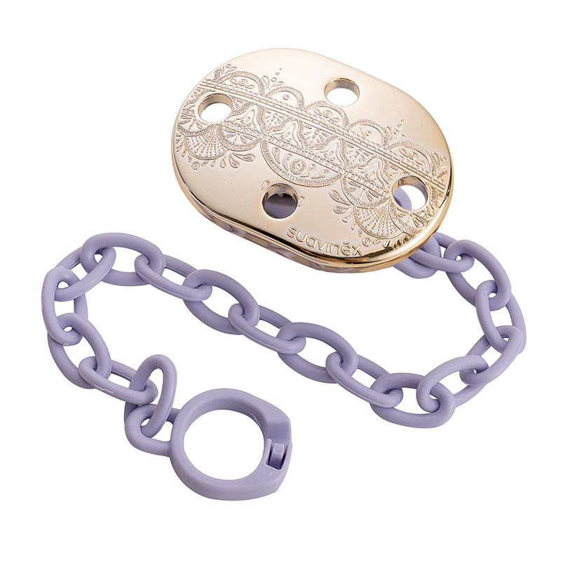 SPAIN SUAVINEX SUVINI LUXURY GOLD PACIFIER CHAIN SET SILICONE BIONIC FLAT ROUND 4-18M