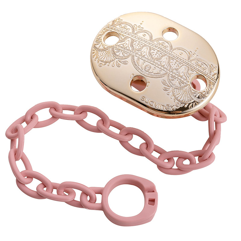 SPAIN SUAVINEX SUVINI LUXURY GOLD PACIFIER CHAIN SET SILICONE BIONIC FLAT ROUND 4-18M