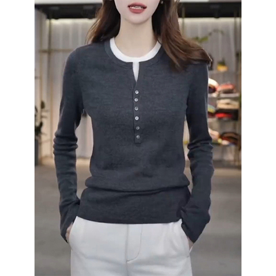 高级感灰色圆领假两件上衣女2025春秋新款洋气修身打底衫通勤长袖