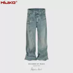 Mijko Men's and Women's Pants Split Splicing Asymmetrical Design Niche Men's and Women's Same Style Straight Jeans Trendy