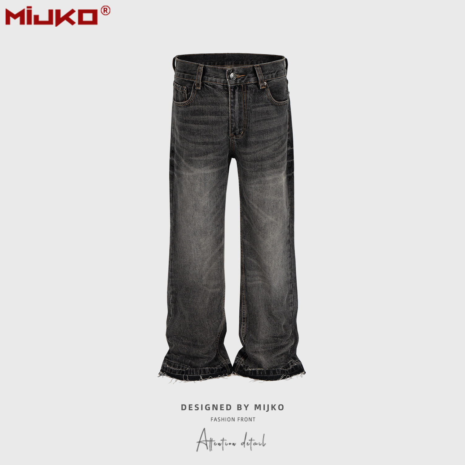 thumbnail for American high street vibe washed cat whiskers distressed black gray raw edge jeans high street cleanfit bootcut trousers men