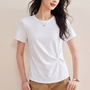 2026夏新短袖T恤女丝光棉正肩纯色修身扭结不对称上衣设计感上衣