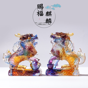 古法琉璃麒麟中式 桌面擺件節(jié)日送禮家居擺件麒麟一對喬遷商務(wù)禮品