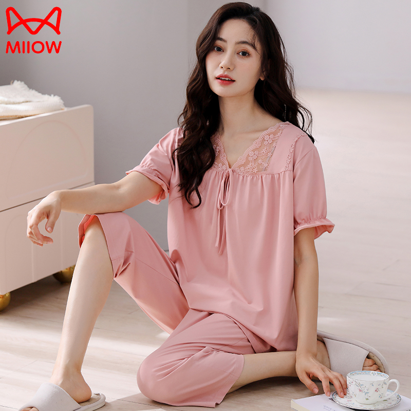 猫人睡衣女款春夏季简约纯棉短袖七分裤两件套薄款休闲家居服外穿