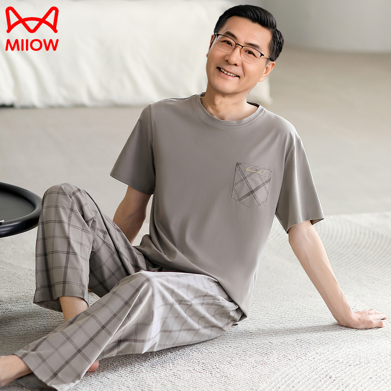 猫人睡衣男春秋季纯棉圆领短袖套装夏款薄款中老年大码家居服外穿