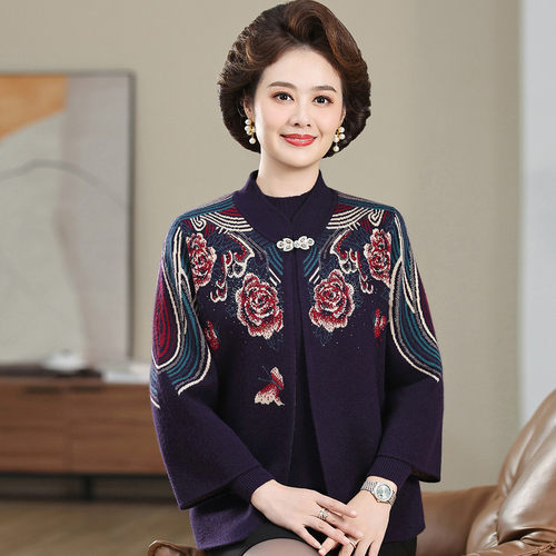 妈妈秋冬针织两件套洋气绣花高贵上衣中老年女冬装开衫外套妈妈装