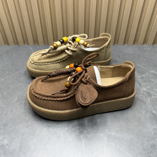 断码处理真皮复古风厚底勃肯鞋女串珠系带反绒皮百搭舒适袋鼠鞋女