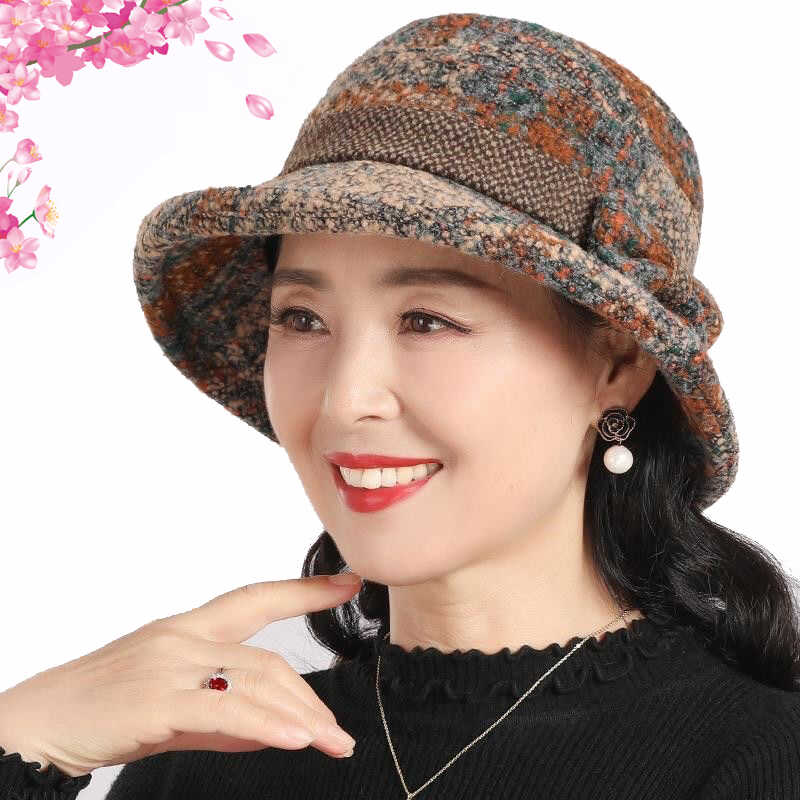 中老年人帽子女秋冬季妈妈毛呢礼帽加厚奶奶布盆帽春秋休闲渔夫帽