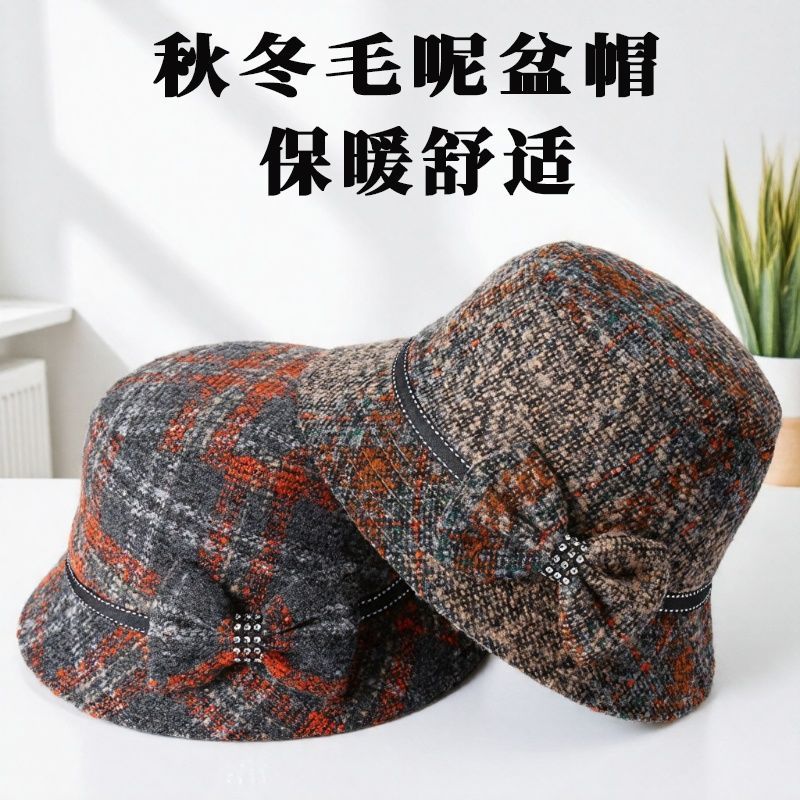 春秋加厚渔夫帽女妈妈秋冬季羊毛呢礼帽奶奶保暖盆帽中老年人帽子