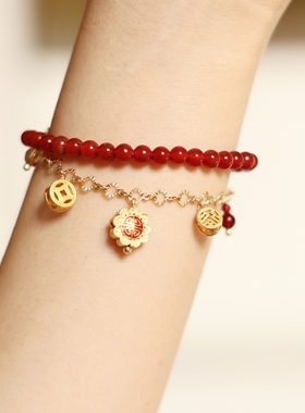 安黛·原创「金玉满堂」7A红玛瑙新年红色招財好运手链复古国风女