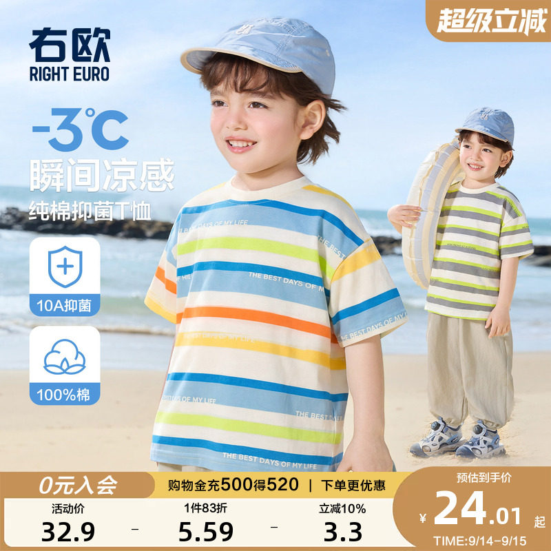 右欧儿童彩色条纹纯棉短袖T恤图片