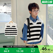 潮 宝宝儿童小童秋季 右欧男童条纹针织背心毛衣马甲春装 春秋童装