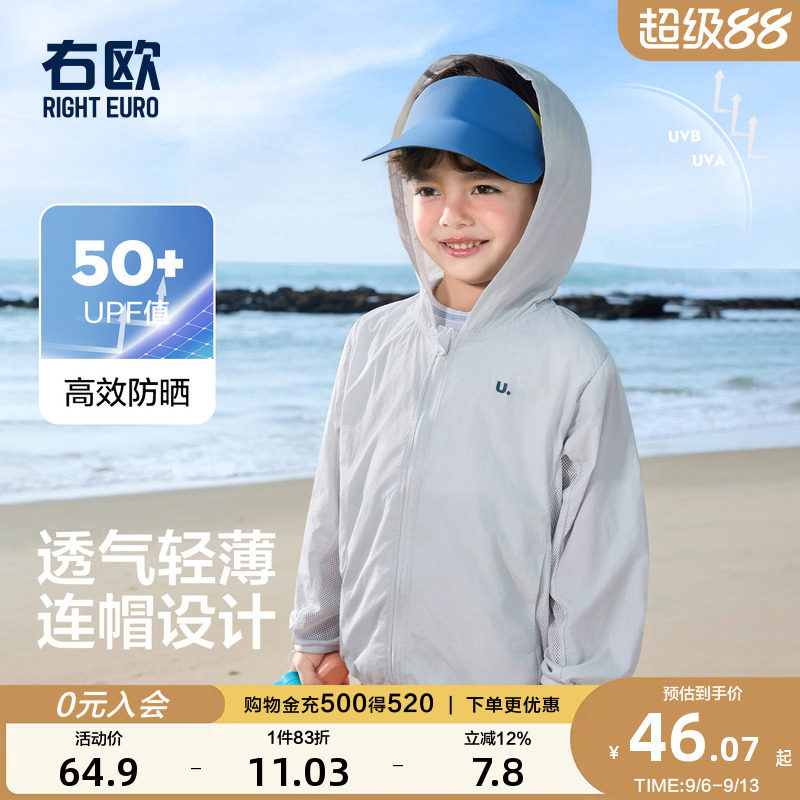 右欧儿童连帽防晒衣外套轻薄款撞色男童女童拼接网眼夏季新款童装