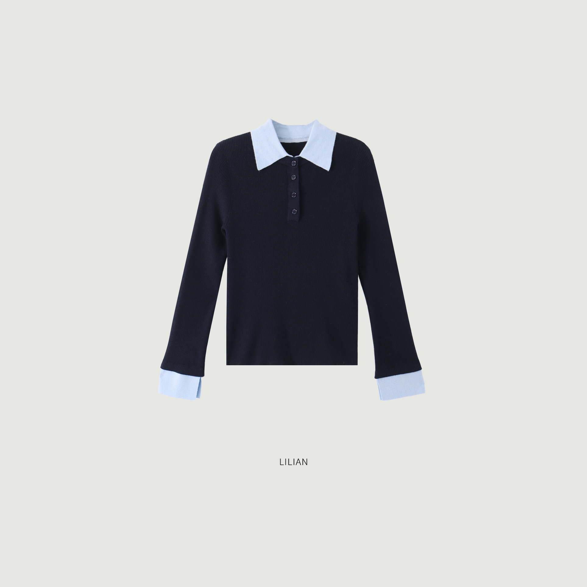 莉莉LIlian 极简风5A抗菌假两件翻领撞色直筒显瘦针织衫25秋冬