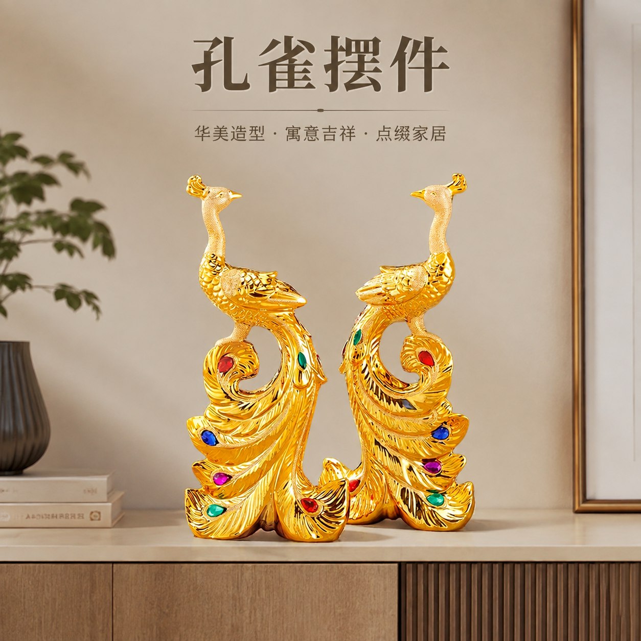 沙金孔雀摆件客厅酒柜装饰品陶瓷电镀高档大气工艺品吉祥物摆设图片