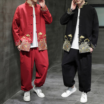 中山装套装禅服男装盘扣唐装复古演出服青年龙上衣刺绣棉麻中国风