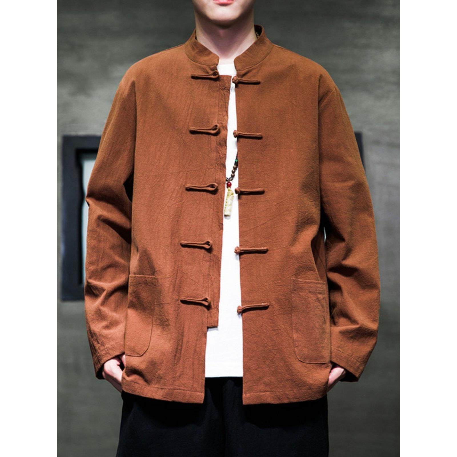 盘扣衬衫新长袖男套装酒男装痞帅道袍红色中山唐装中式风春季中国