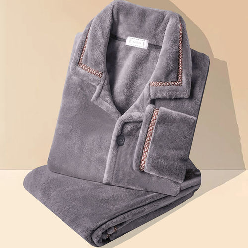 秋冬季新款男士珊瑚绒睡衣加厚加绒长袖保暖法兰绒家居服套装冬天