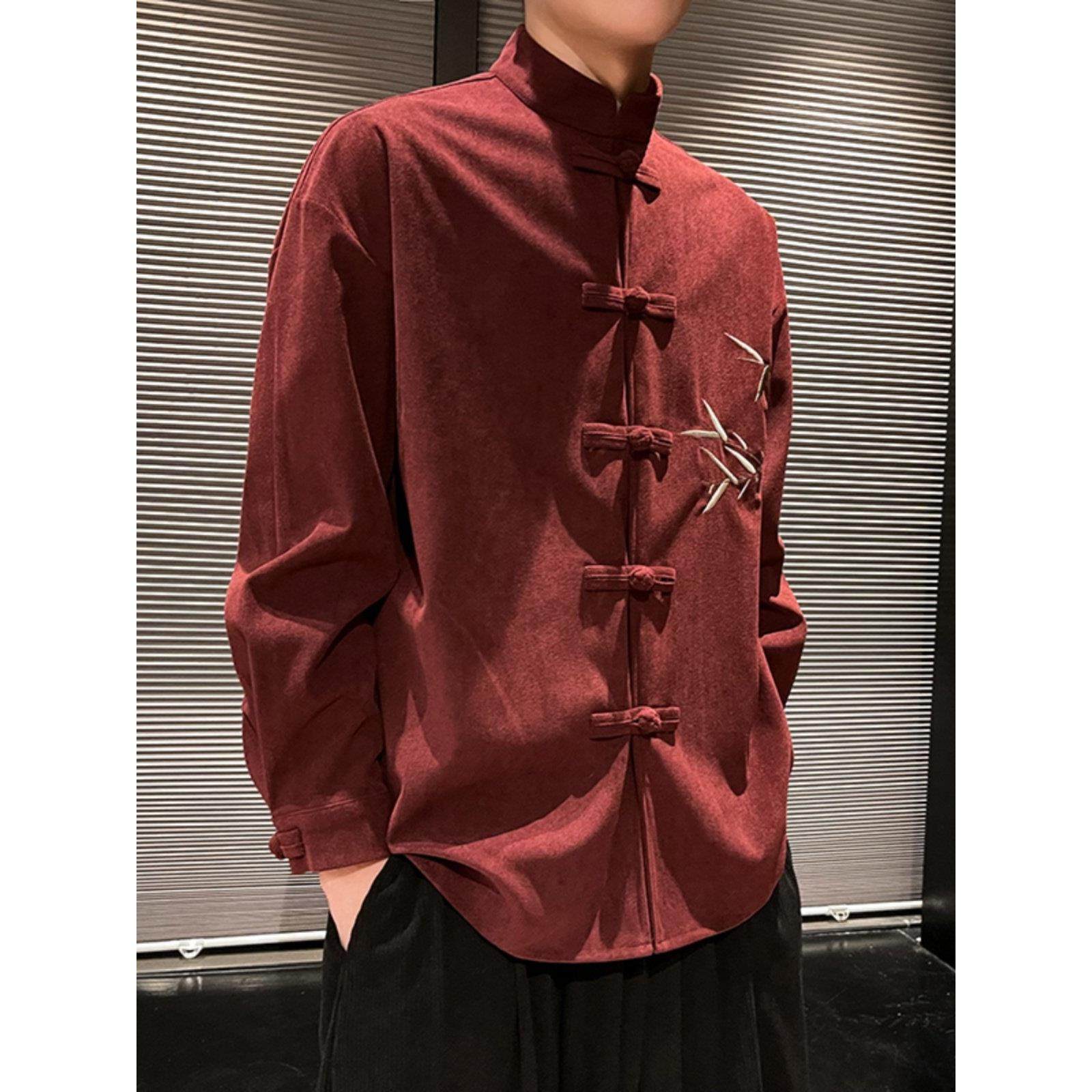 新国风长袖刺绣立领竹子外套男款衬衫灯芯绒盘扣唐装衬衣红色中式